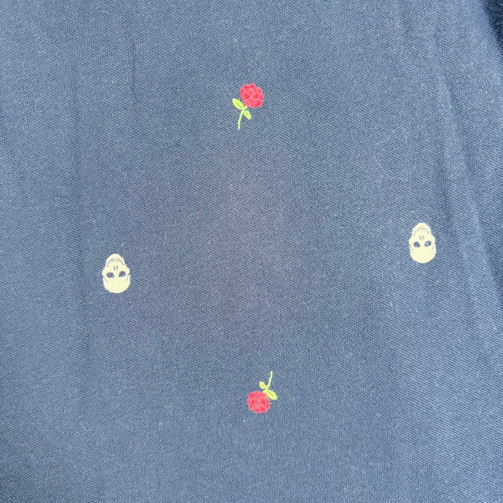Hollister Epic Flex Polo Shirt Navy Skull Rose Print Stretch Men's Medium - Picture 5 of 6
